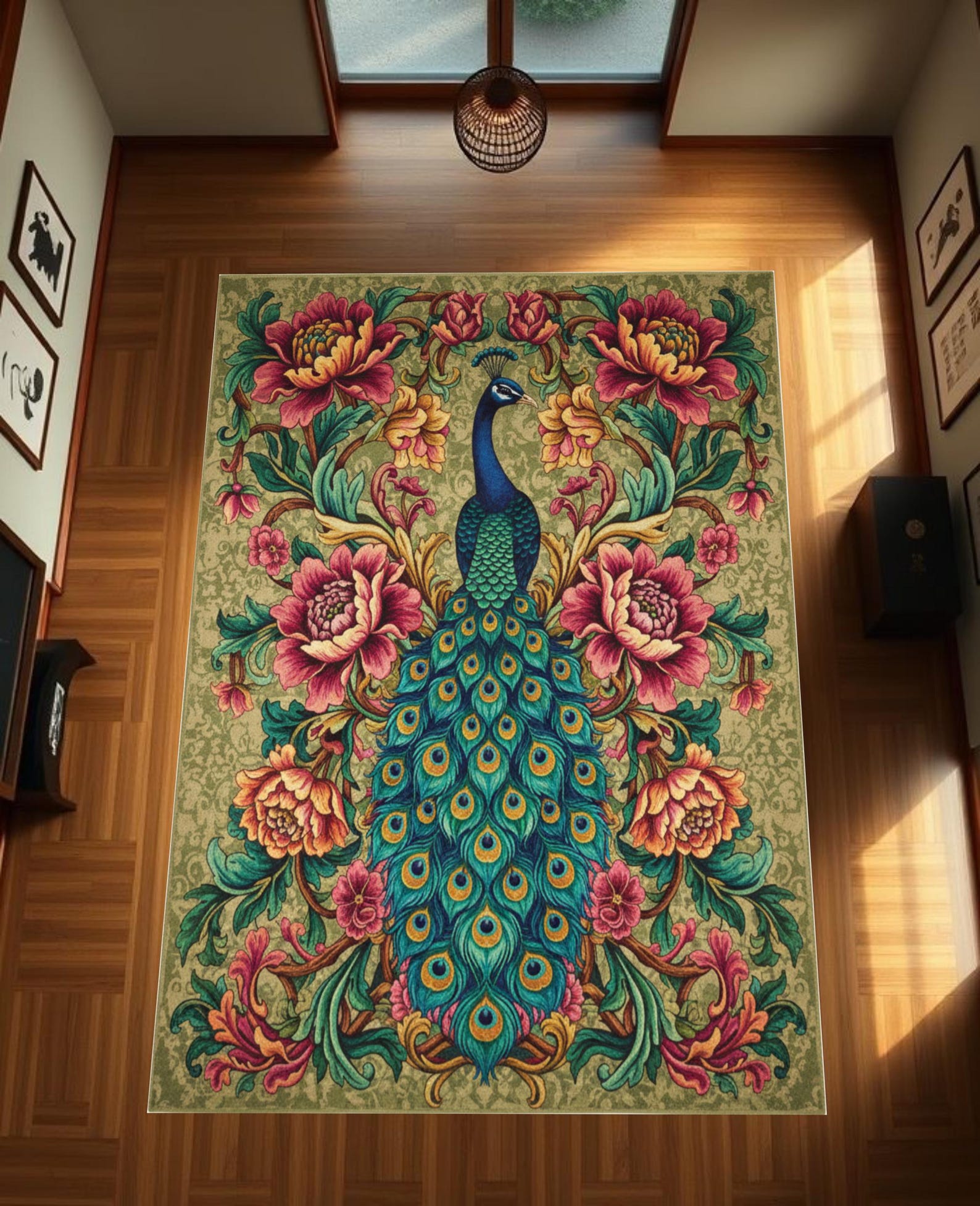 Peacock Area Rug: Washable Baroque Floral Mat, Traditional Peony Carpet ...