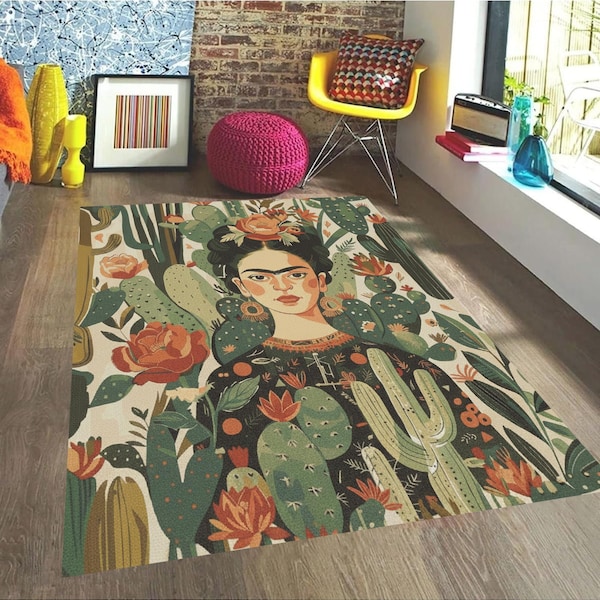 Frida Kahlo-inspirerad matta, boho kaktusmatta, mexikansk folkkonstdekor, present till växtälskare