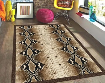 Snake Skin Area Rug: Washable Python Print Mat, Exotic Safari Decor, Animal Print Runner