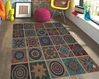Moroccan Tile Area Rug: Washable Bohemian Mat, Spanish Cement Carpet, Intricate Mosaic Runner