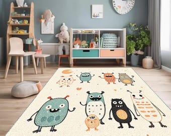 Tiny Monster Nursery Rug - Cream Kids Area Rug - Fun Playroom Floor Mat