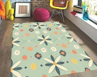 Retro Tile Pattern Mat | Washable Scandi Folk Art Decor | Sage Green Floral Rug