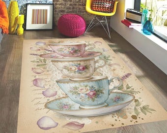Vintage Tea Cup Runner: Washable Shabby Chic Mat, Cottagecore Teacup Carpet, Romantic Rose Runner