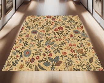 Vintage Floral Bird Rug: Washable Cottagecore Accent Carpet