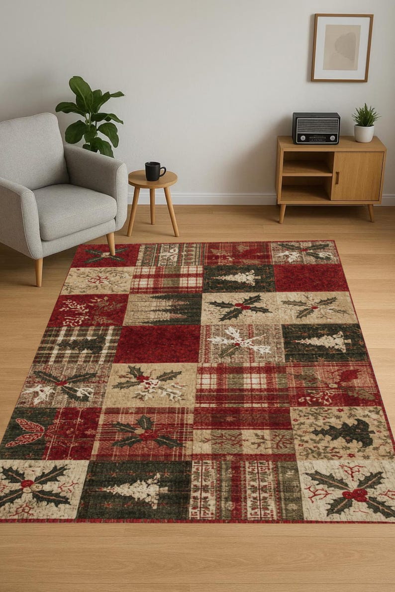 Plaid Christmas Rug: Washable Non-slip Holiday Patchwork - Etsy