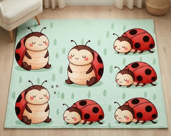 Ladybug Nursery Rug - Green and Red Kids Room Decor - Woodland Baby Shower Gift