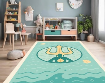 Ocean Adventure Rug, Poseidon Trident Play Mat, Under the Sea Area Rug, Coastal Gift