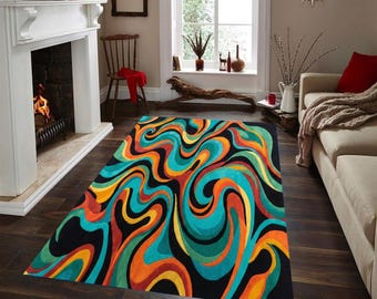 Psychedelic Swirl Area Rug - Retro 70s Groovy Floor Mat - Maximalist Funky Decor