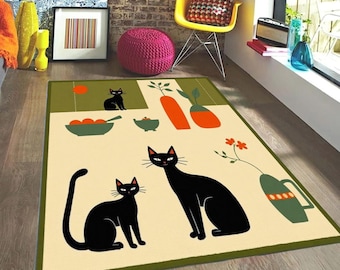 Retro Olive Green Decor | Washable Black Cat Area Rug | Atomic Era Kitchen Mat