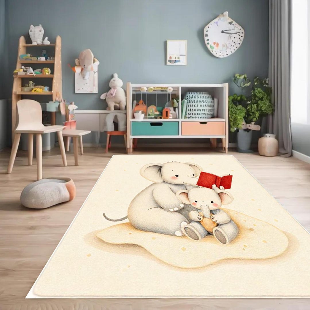 Reading Rug Drawing Elephant Reading Nursery Rug: Washable Story Time Mat, Learning Kids ...