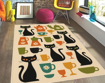 Black Cat Coffee Rug | Mid-Century Modern Kitchen Mat