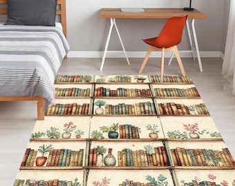 Bookshelf Library Area Rug | Washable Literary Decor | Cozy Reading Nook Mat | Watercolor Botanical Print