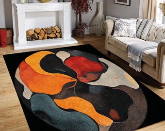 Abstract Organic Shapes Rug - Retro Modern Circle Mat - Bold Statement Floor Decor