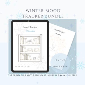 May include: A digital mood tracker bundle with a winter theme. The main image shows a tablet displaying a mood tracker for December, with a bookshelf illustration. A bonus November mood tracker is also included.