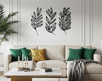 Juego de 3 hojas de metal para pared, decoración botánica, decoración moderna para el hogar inspirada en la naturaleza, diseño minimalista de hojas para sala de estar y jardín.