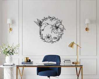 Hummingbird Floral Metal Wall Art, Nature Inspired Wall Decor, Elegant Garden and Home Decoration, Unique Modern Gift for Nature Lovers