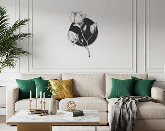 Florale Metallwandkunst, Magnolien-Blumen-Metalldekor, moderner botanischer Wandakzent, minimalistische Naturwandkunst für Wohnzimmer oder Garten