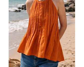Linen Halter Top, Open Back Pleated Babydoll Top, Backless Summer Tank, Custom Size, Pre Washed Linen