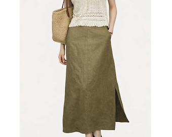 Linen Maxi Skirt with Pockets, Handmade Long Linen Skirt, Minimalist Skirt for Women, Custom Size Skirt