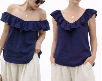 Linen Off Shoulder Top for Women, 2 Way Wear Blouse, Detachable Strap Top, Summer Linen Shirt, Loose Fit Ruffle Top, Minimalist Outfit