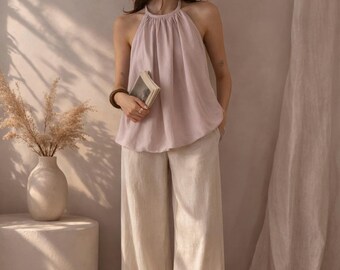 Linen Halter Top, Bubble Hem, Sleeveless Summer Blouse, Custom Size