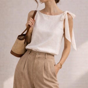May include: A sleeveless off-white top featuring shoulder tie straps, paired with high-waisted tan trousers with front pleats and a button closure. A woven straw handbag with brown leather trim is carried at the side of the outfit.