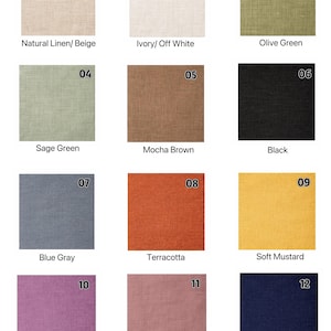 May include: A grid of twelve fabric swatches with a visible woven texture, each labeled with a number from 01 to 12 and a color name: Natural Linen/Beige, Ivory/Off White, Olive Green, Sage Green, Mocha Brown, Black, Blue Gray, Terracotta, Soft Mustard, Dusty Purple, Muted Rose, and Navy Blue.