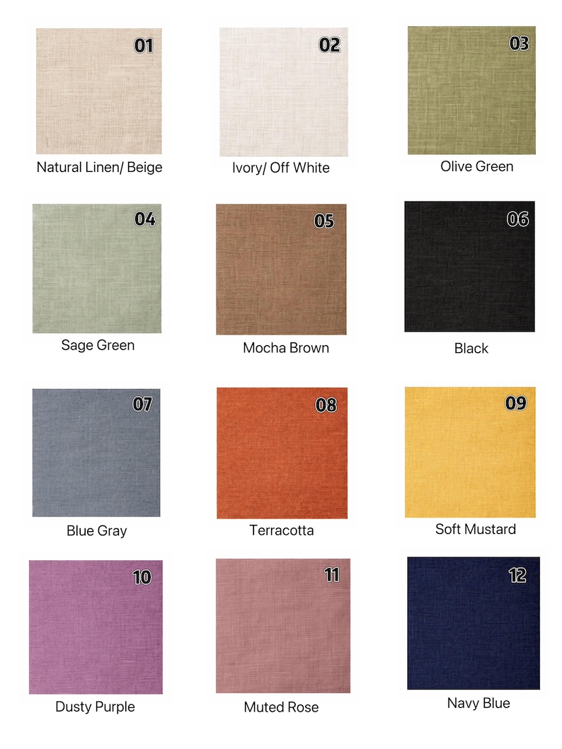 May include: A grid of twelve fabric swatches with a visible woven texture, each labeled with a number from 01 to 12 and a color name: Natural Linen/Beige, Ivory/Off White, Olive Green, Sage Green, Mocha Brown, Black, Blue Gray, Terracotta, Soft Mustard, Dusty Purple, Muted Rose, and Navy Blue.