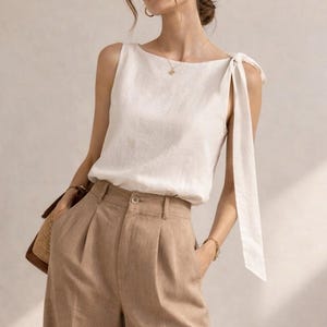 May include: A sleeveless white top featuring a boat neckline and a long tie detail on the left shoulder, paired with high-waisted tan trousers that have a front button closure and pleats. The outfit is completed by a brown woven handbag.