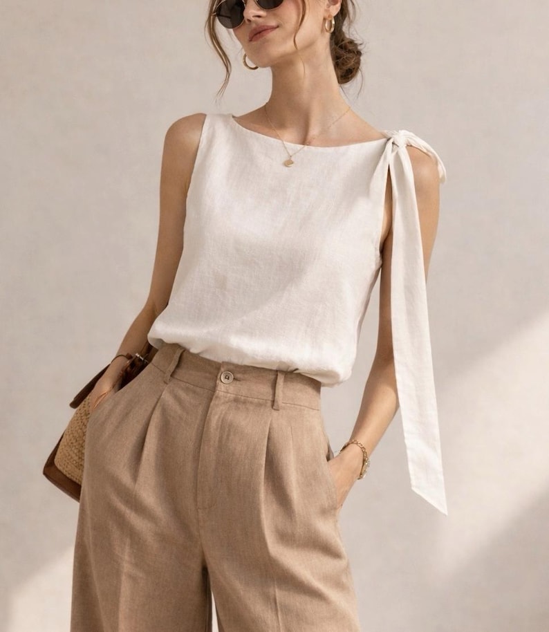 May include: A sleeveless white top featuring a boat neckline and a long tie detail on the left shoulder, paired with high-waisted tan trousers that have a front button closure and pleats. The outfit is completed by a brown woven handbag.