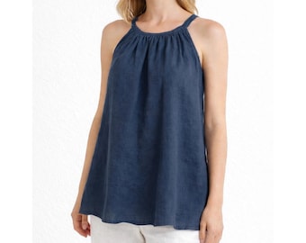Linen Halter Top – Loose Fit Sleeveless Tank, Gathered Neckline, Minimal Summer Blouse, Handmade Clothing, Custom Size