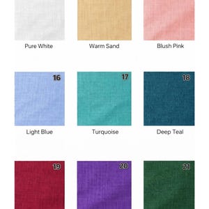 May include: A grid of nine fabric swatches labeled 13 through 21, featuring colors: Pure White, Warm Sand, Blush Pink, Light Blue, Turquoise, Deep Teal, Burgundy, Royal Purple, and Dark Green. Each square displays a visible woven texture.