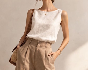 4 Ways To Wear Linen Tank Top, Boat Neck Linen Tie Shoulder Top, Convertible Linen Tank, Detachable Strap Linen Top, Minimal Summer Blouse