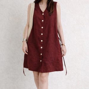 Linen Button Front Dress with Pockets, Adjustable Waist Tie Dress, Custom Size Linen Dress, Minimal Linen Summer Dress