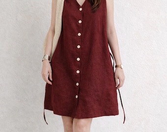 Linen Button Front Dress with Pockets, Adjustable Waist Tie Dress, Custom Size Linen Dress, Minimal Linen Summer Dress