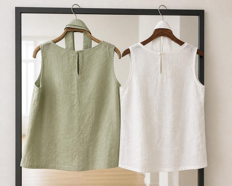 May include: Two sleeveless tops hanging on wooden hangers, one in sage green and one in white. Each top features a round neckline, a keyhole opening at the center back with a button closure, and a matching fabric tie detail at the collar.
