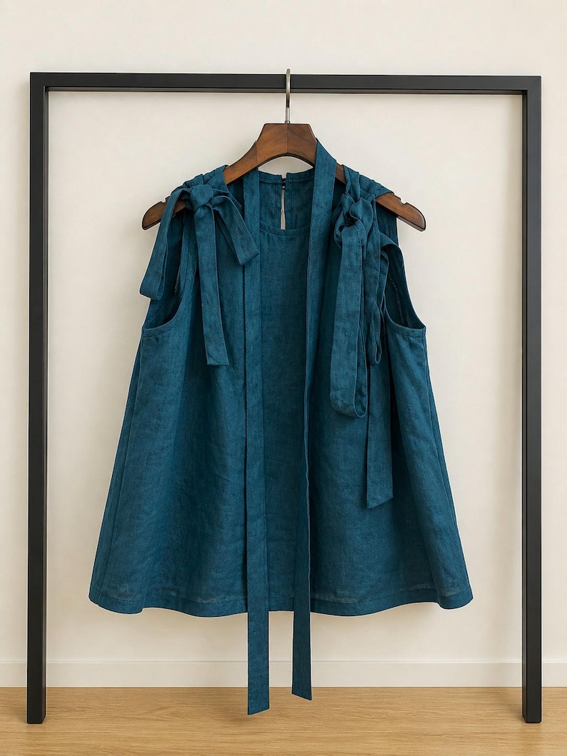 May include: A sleeveless teal top featuring a round neckline and shoulder straps that tie into bows. The garment has a loose, flared silhouette and two long, narrow fabric strips hanging down from the front neckline, all made of a textured fabric.