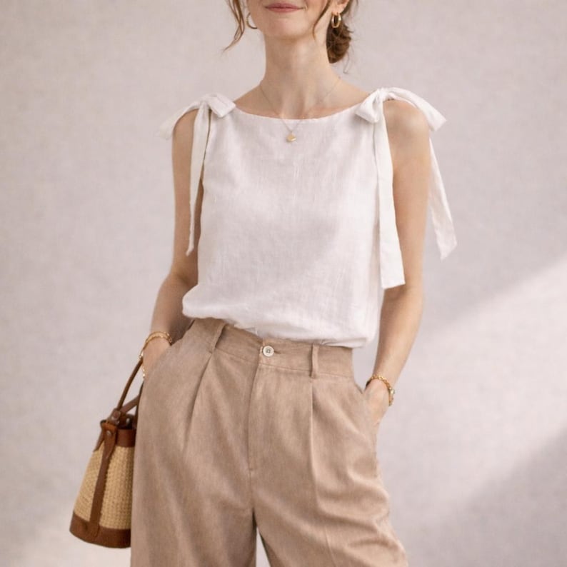 May include: A sleeveless white top featuring wide shoulder straps that tie into bows, paired with high-waisted tan trousers that have a single visible button closure and front pleats. The outfit is accessorized with a woven straw handbag.