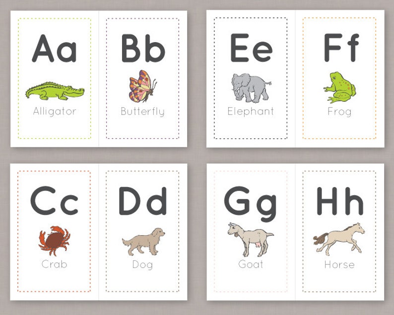 printable alphabet animal flashcards pdf digital file etsy