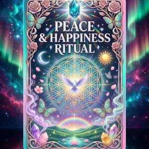 Può includere: Un'opera d'arte digitale raffigurante una carta rettangolare con la scritta "PEACE & HAPPINESS RITUAL". La carta ha un bordo turchese ed è decorata con farfalle, fiori, cristalli e una colomba. Lo sfondo mostra un'aurora boreale colorata.