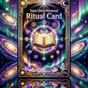 Puede incluir: Ilustración digital de una carta de ritual con el texto "Your Own Personal Ritual Card". La carta presenta un libro abierto con un ojo encima, rodeado de símbolos, con un fondo de galaxia. La carta tiene un borde dorado y se refleja debajo.