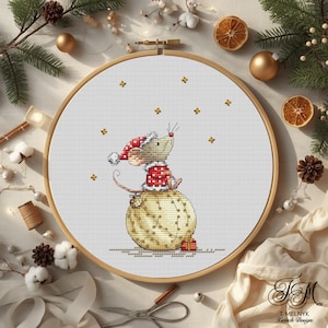 Christmas Mouse Cross Stitch Pattern PDF Cute Little Mouse on Bauble Winter Holiday Embroidery Chart Instant Download Needlepoint