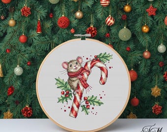Adorable Christmas Mouse with Candy Cane Cross Stitch Pattern - Holiday Ornament Design PDF Digital Chart