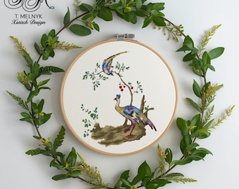 Vintage Bird Cross Stitch Pattern: Garden Serenade Embroidery (PDF)