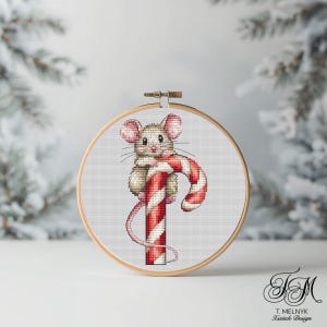 Peut inclure: Broderie au point de croix d'une souris tenant une canne en bonbon rouge et blanche, dans un cercle en bois. La souris a des oreilles roses et une longue queue. L'arrière-plan est une scène hivernale floue.