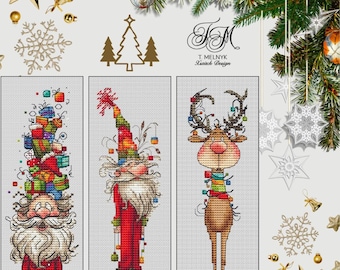 Christmas Bookmark Cross Stitch Pattern PDF – Santa & Reindeer Set of 3, Instant Download