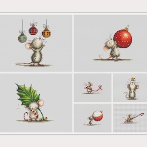 Puede incluir: Una colección de ilustraciones caprichosas con lindos ratones en varias escenas navideñas. Un ratón alcanza adornos, otro lleva una gran bola roja y otros interactúan con acebo, cintas y bastones de caramelo. La obra de arte tiene un estilo suave de acuarela.