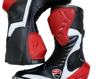 Ducati Inspired Racing Motorcycle Boots Red, Black & White  Sport Design