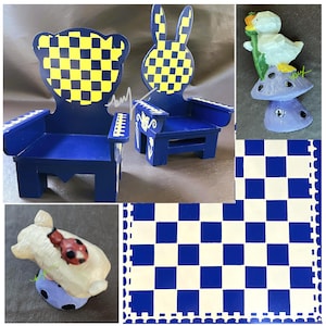 May include: Two blue wooden children's chairs, one shaped like a bear and the other a rabbit, both with yellow and black checkered backs. A ceramic duck figurine and a ladybug figurine are also shown.