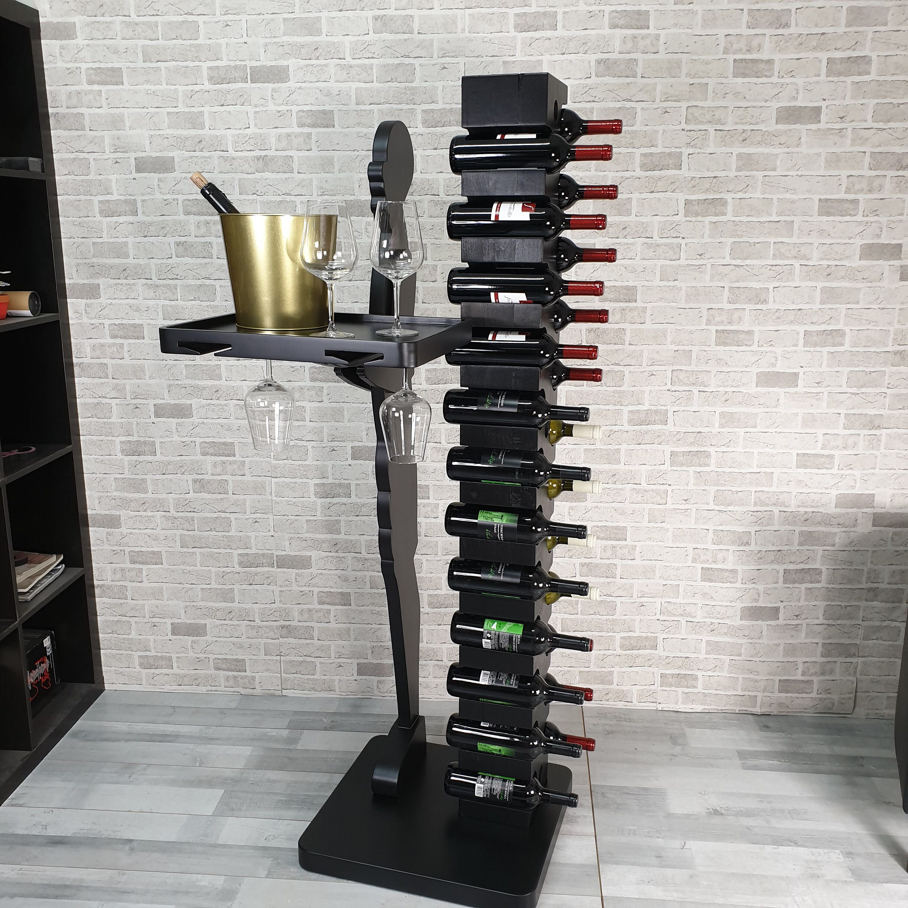 Black Wine Cellar With Tray and Glass Holder in Wood. Etsy